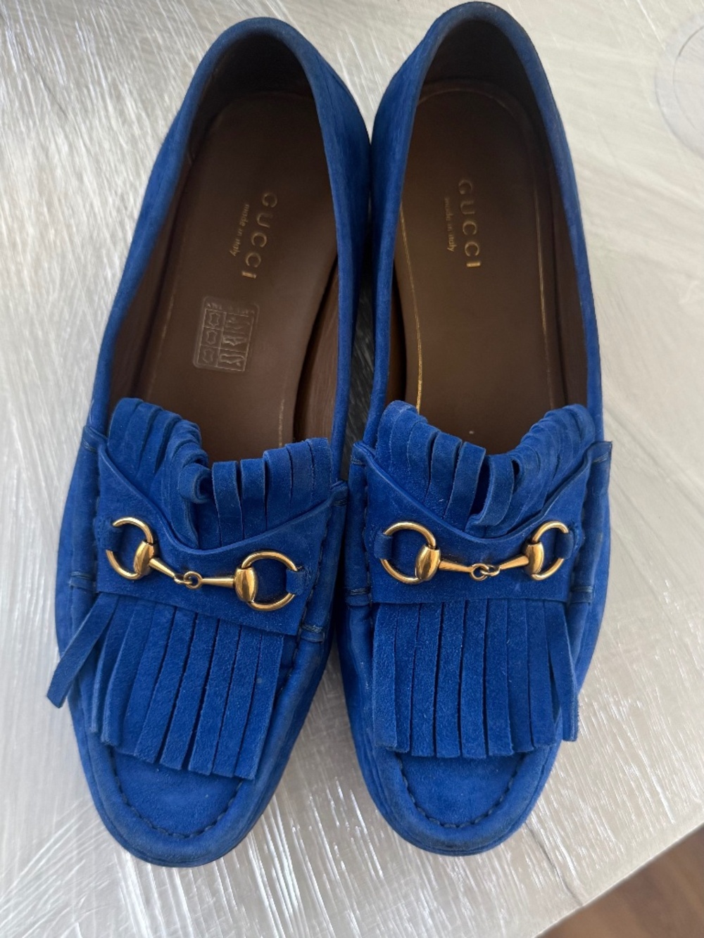 Gucci Women Blue Suede Fringed Loafer Moccasins